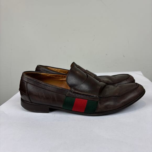 Gucci Brown Leather Web Slip On Loafers Men's 9 - Picture 3 of 15